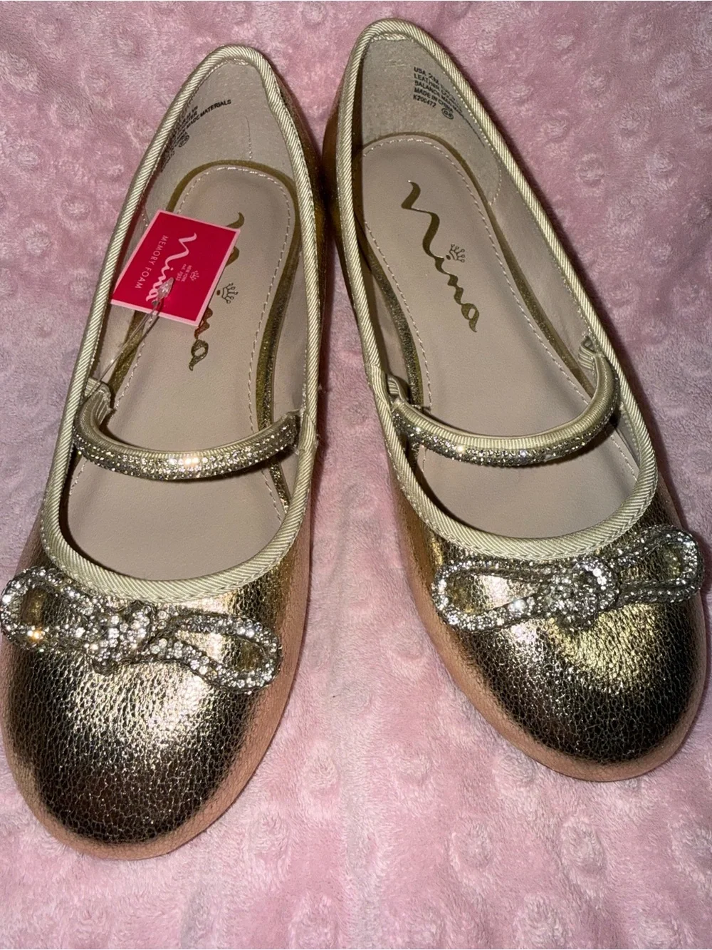 Nina Girls Gold Metallic Mary Jane Flats with Bow Size 2 #New